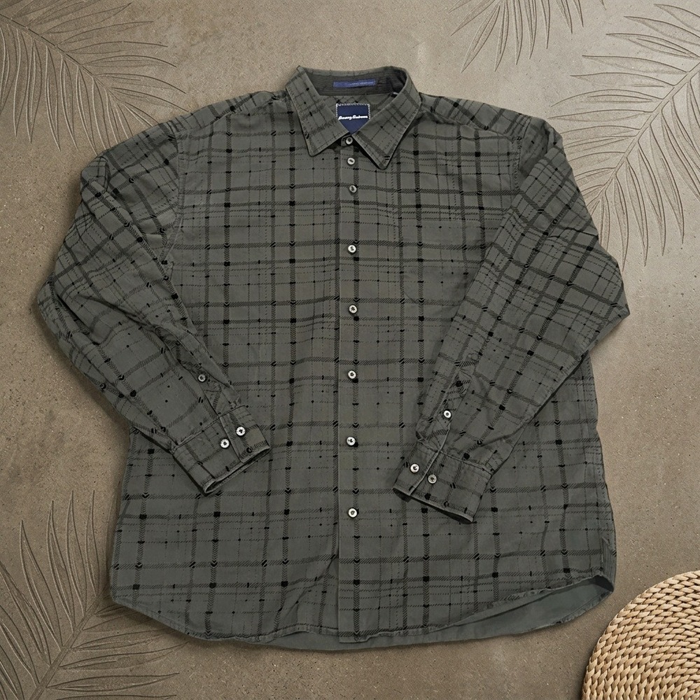 Tommy Bahama Mens XL Shirt Green Geometric Grid Plaid Long Sleeve Cotton Blend